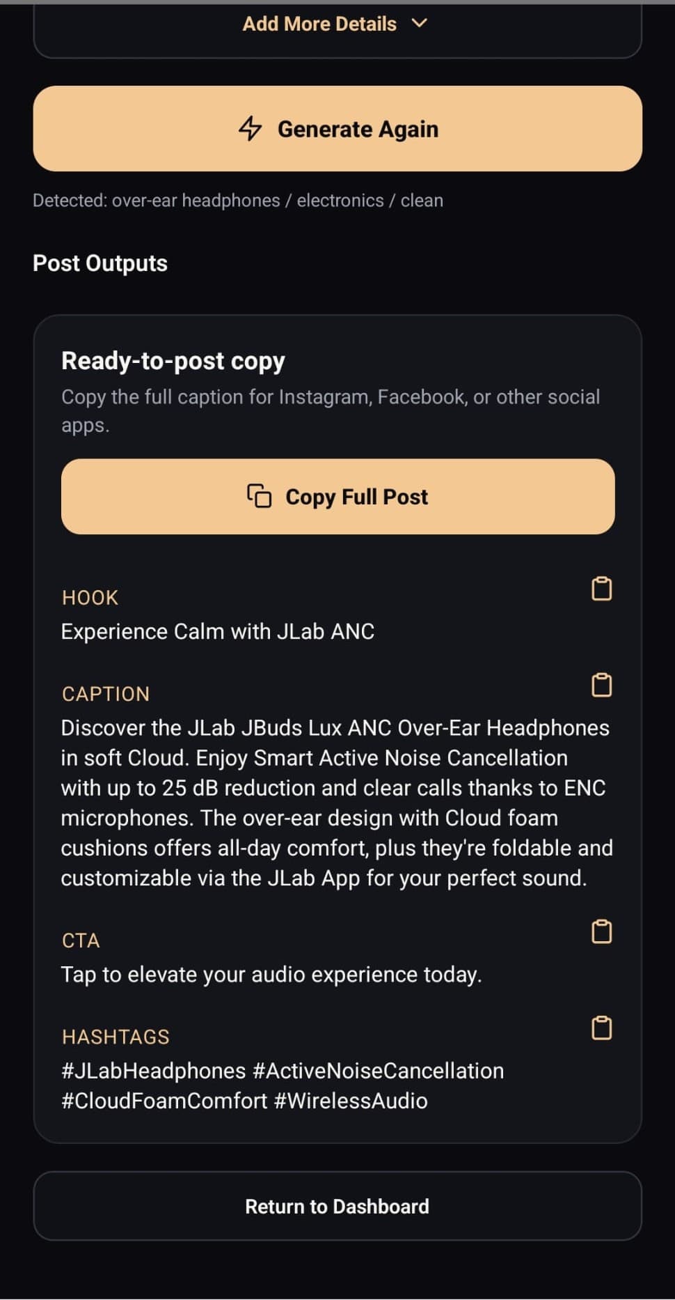 Android product photography app workflow step: Generate selling copy