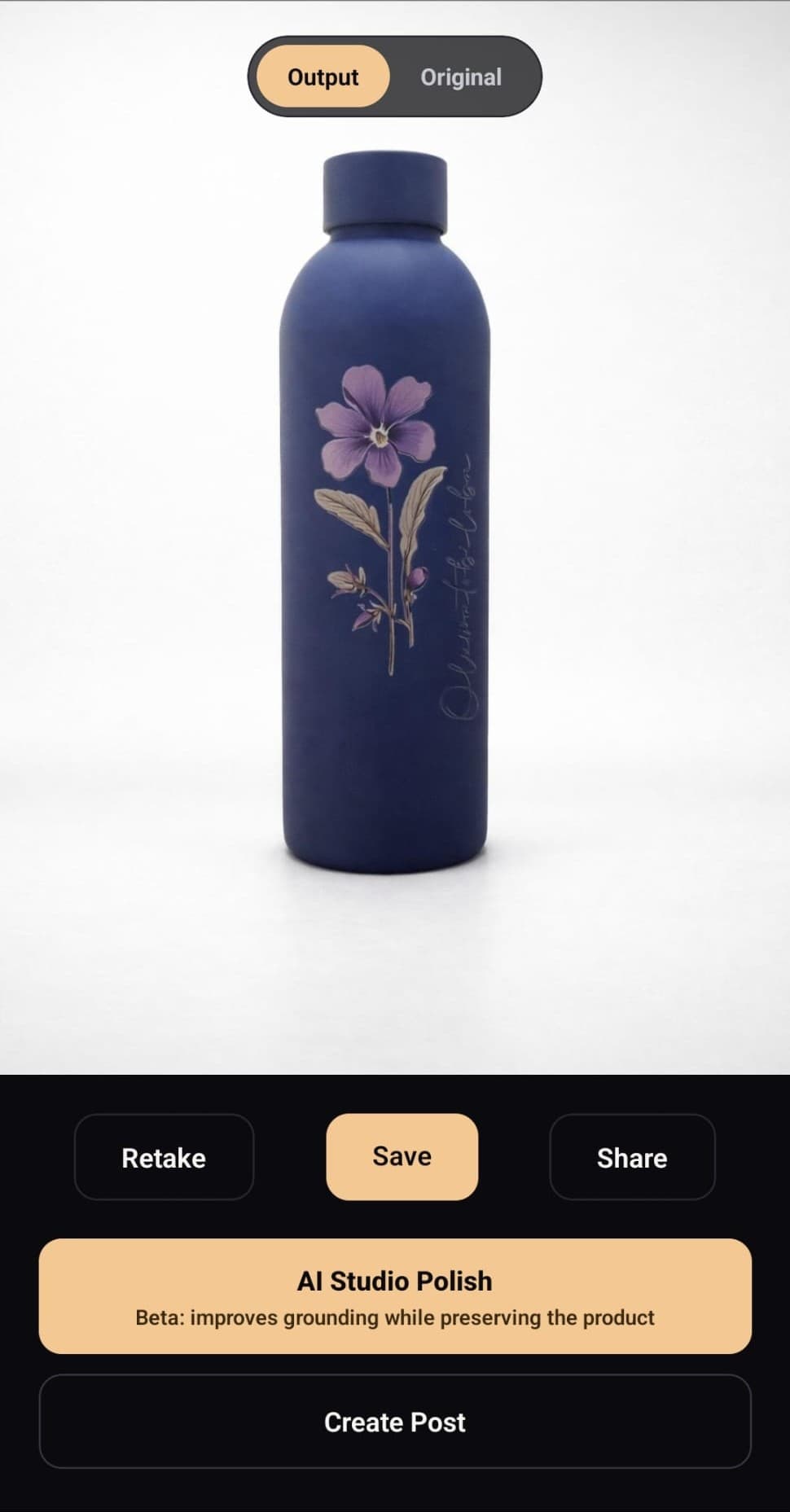 Android product photography app workflow step: Save or apply AI Studio Polish