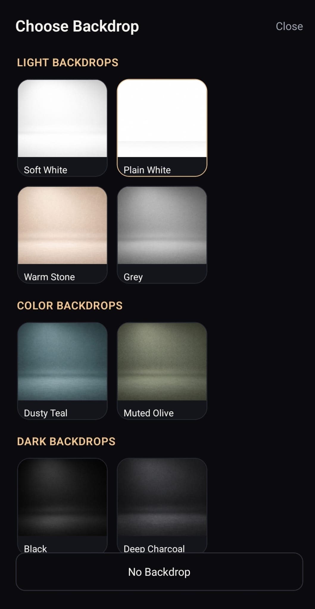 Portrait Drop Android screen for choosing product photo backdrops