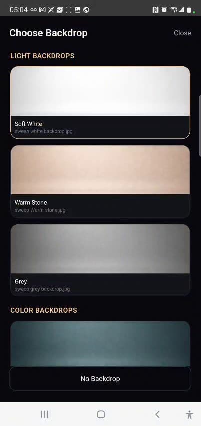 Android product photography app workflow step: Select the backdrop