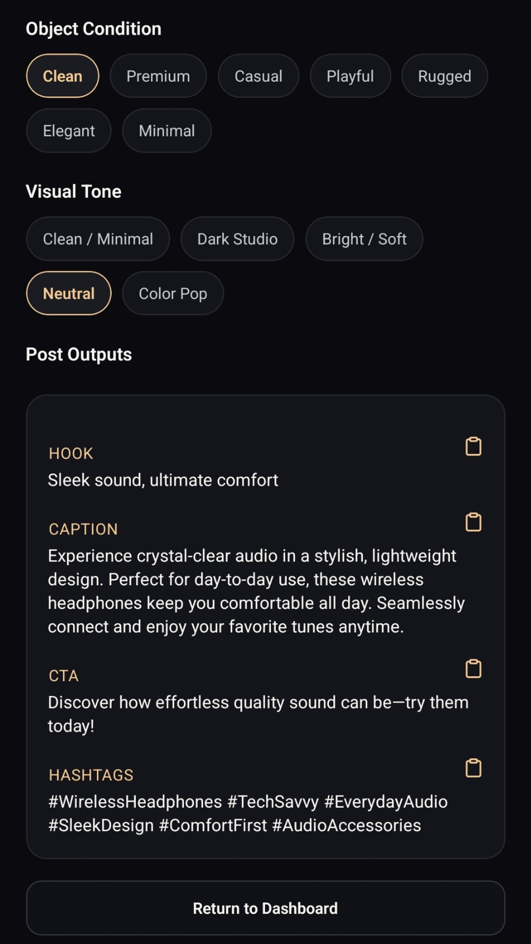 Portrait Drop AI-generated product captions, hooks, and hashtags
